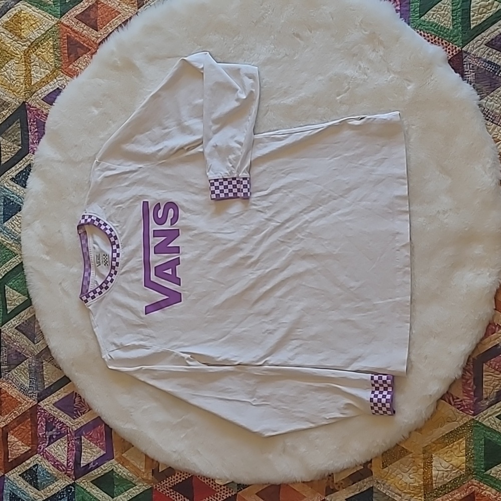Van's White & Purple Long Sleeve Checkerboard Trim Detail Tshirt Small